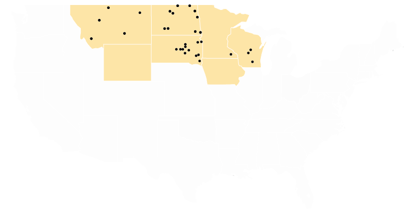 Map of upper midwest Wilbur Ellis Locations